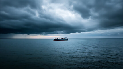 Seafaring voyage under an ominous sky. A solitary ship sails on, a symbol of resilience amidst the brewing storm. The monochrome palette enhances the dramatic essence.