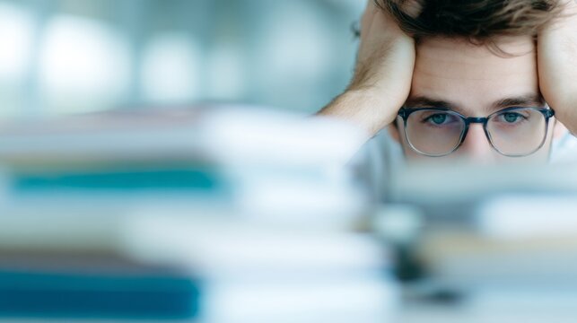 Sad student surrounded by towering bookshelves, overwhelmed by exam stress, reflecting academic failures, loss of motivation, in a minimalist and clean environment
