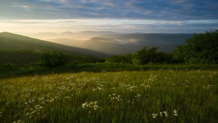 Scenic Mountain Landscape with Flowers and Morning Mist Serene Beauty