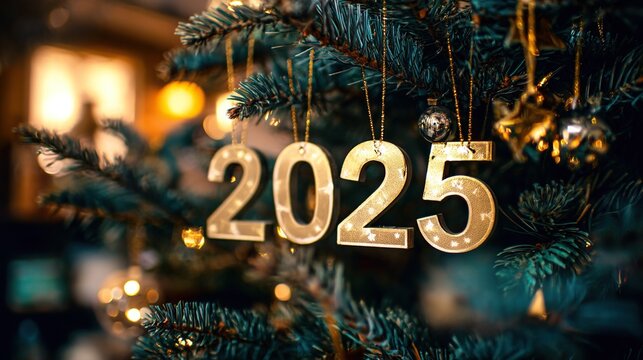 Glowing 2025 Ornamented Evergreen Christmas Tree for New Year Celebration with Blurred Background