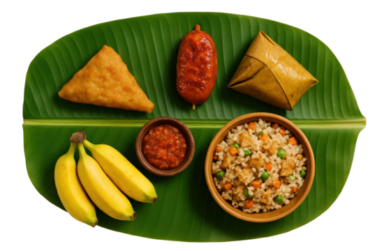 A top-down view showcases a variety of food items neatly arranged on a large, vibrant green banana leaf against a transparent background. Includes