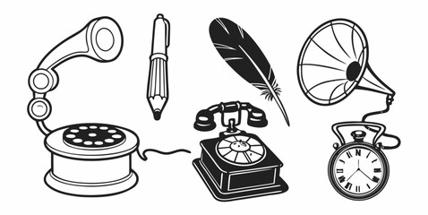 Illustration of vintage communication and writing tools including a phonograph and a quill pen