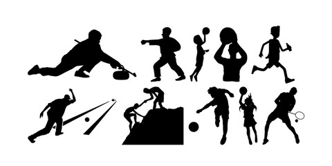 Dynamic sports silhouettes showcase teamwork, athleticism, competition, and skill in climbing, bowling, curling, badminton, and martial arts action