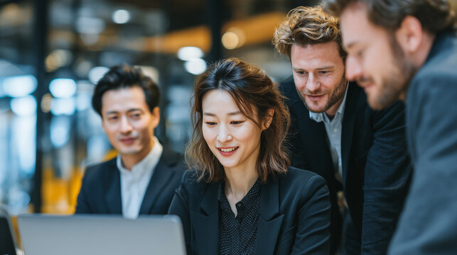 Multicultural business team brainstorming in modern office – Asian and European coworkers collaboration vector illustration
