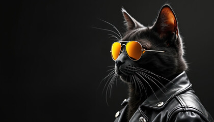 Black cat wears yellow sunglasses and a black leather jacket on black background. Feline biker character with serious face expression. Creative banner with place for your text. AI generated art.