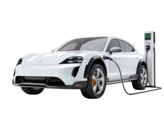 A white electric vehicle is plugged into a charging station. The image is a studio shot with a transparent background, highlighting the car and