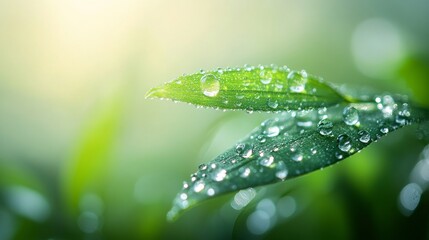 Close-up view of fresh green leaves glistening with water droplets after a morning rain in a tranquil garden setting