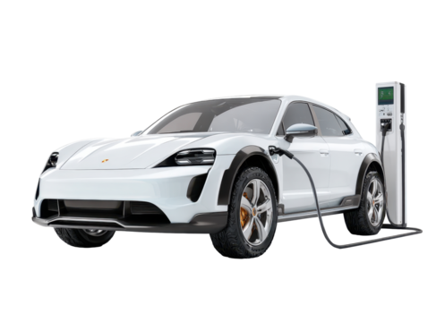 A white electric vehicle is plugged into a charging station. The image is a studio shot with a transparent background, highlighting the car and
