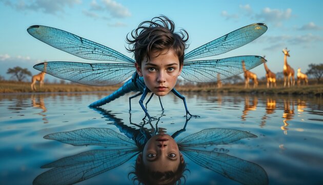 Dragonfly with a Child’s Head – Innocence in Surreal Motion - Powered by Adobe