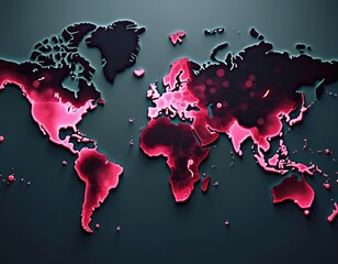 World map displays a spread of virus in pink. Global pandemic illustration shows affected areas around globe. Illustration suitable for news healthcare or science.