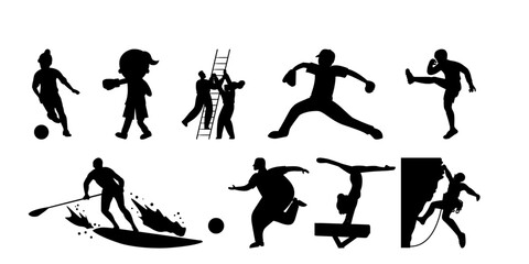 Dynamic silhouettes of diverse athletes showcasing sports like soccer, boxing, baseball, climbing, and gymnastics offering energy and inspiration