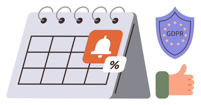 Spiral desktop calendar with notification badge and discount icon, GDPR shield symbol, and thumbs-up hand. Ideal for time management, reminders, data security, compliance, privacy, organization
