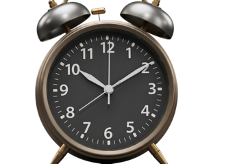 Vintage twin bell alarm clock with black face and white hands isolated on transparent background