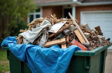 Green skip bin overflowing with construction debris. Old wooden planks concrete blocks and fabric waste fill the container. House renovation project in progress is happening in a yard.