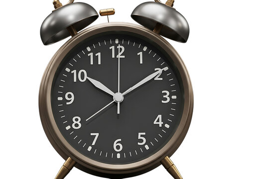 Vintage twin bell alarm clock with black face and white hands isolated on transparent background