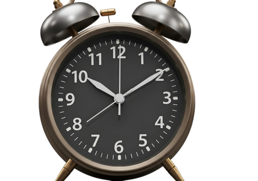 Vintage twin bell alarm clock with black face and white hands isolated on transparent background