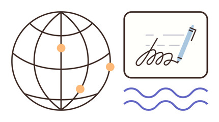 Globe with connection points beside a stylized signature and pen. Ideal for digital security, remote work, e-documents, global business, automation, online transactions, simple flat metaphor