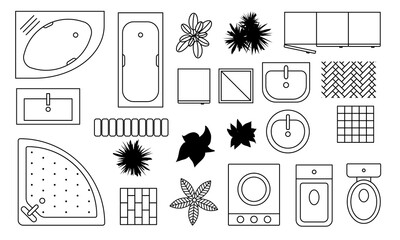 Modern bathroom interior elements vector set. Furniture outline top view. CAD drawings 