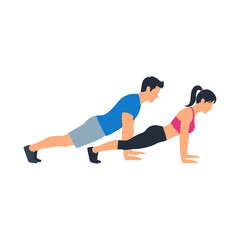 Obraz premium Man and woman doing pushups together in a fitness exercise pose.