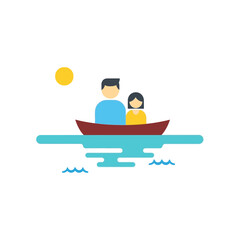 Two people in a boat on water with a sun in the sky.