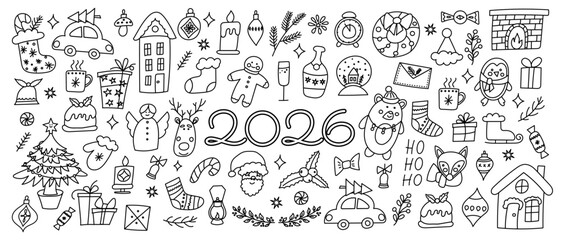 Cute doodle Christmas and New Year 2026 set