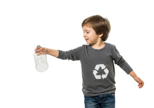 A young boy with a recycling symbol on his shirt holds a plastic bottle against a transparent background, promoting environmental awareness and - Powered by Adobe