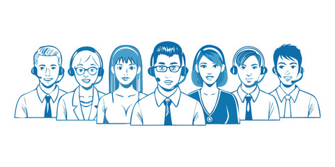 Customer service, call center concept. Online technical support, Hotline operators, virtual assistants, office workers with headsets. Multiethnic, diverse team. Modern vector outline illustrations.
