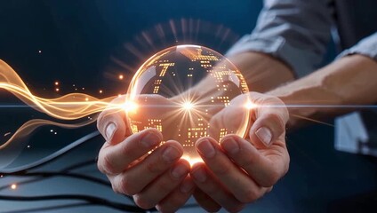 NFT Token glowing network sphere held in human hands symbolizing blockchain connectivity, innovation, and global digital currency - Powered by Adobe
