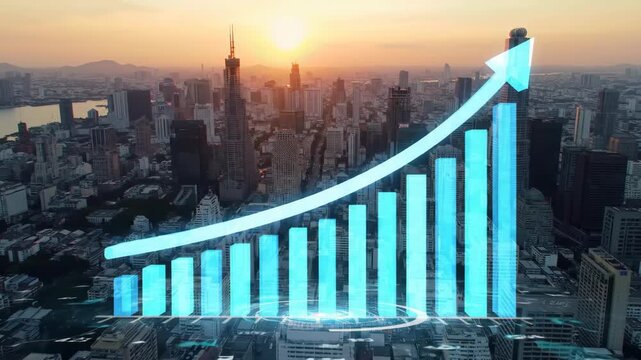 Rising financial chart over cityscape at sunset, conveying business growth and success