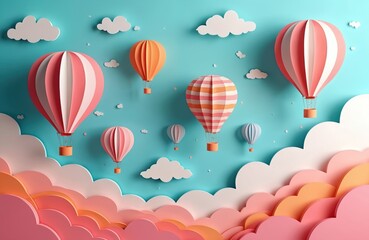 Naklejka premium Paper balloons fly in sky. Cloudscape art in papercut style. AI generated illustration. Abstract gradient background. Fun kids card invitation design with colorful paper air balloons and clouds art.
