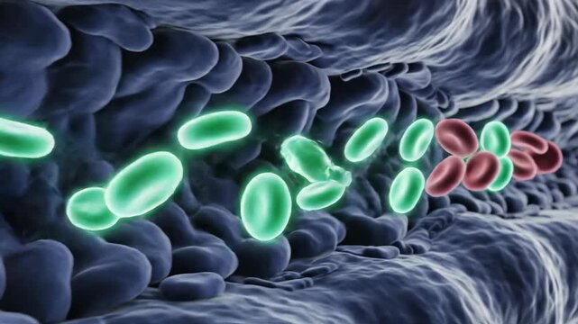 Cinematic macro 3D animation of RBCs 'snapping' on emerald O? particles in the lungs and 'snapping' them off in tissues.