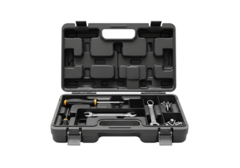 Open gray plastic toolbox filled with various metal tools and accessories isolated on transparent background