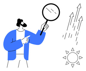 Person with magnifying glass analyzing upward arrows and sunlight symbol, indicating progress and optimism. Ideal for analytics, growth, success, strategy, motivation, education business. Simple