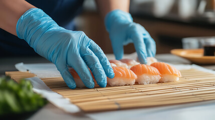 Obraz premium Chef preparing fresh nigiri sushi with gloved hands. Salmon & tuna on rice displayed on bamboo mat with care. Focus on quality & hygiene in cuisine preparation.