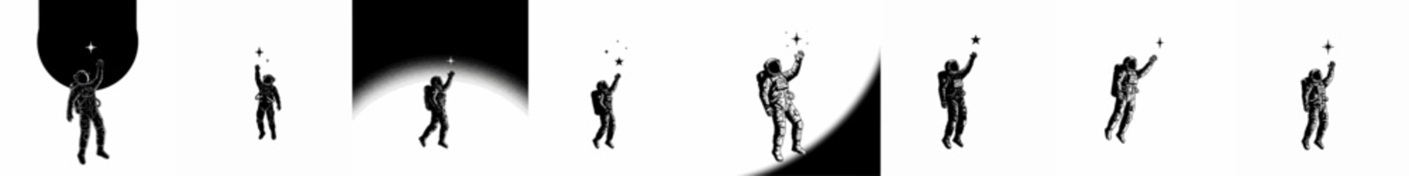 Black and white vintage vector set of an astronaut reaching a star, representing aspiration, exploration, and the final frontier.