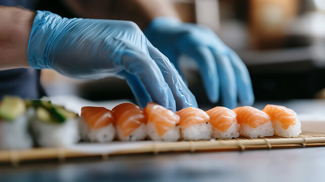 Crafting sushi: Gloved hands meticulously arrange fresh salmon atop rice. A culinary creation, vibrant and precise. The art of sushi making in action.