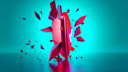 Abstract 3D geometric explosion of red shapes on turquoise surface with dynamic shattered fragments and creative digital composition - Powered by Adobe