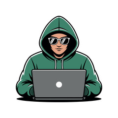 A person wearing a hoodie and sunglasses is shown working on a laptop computer.
