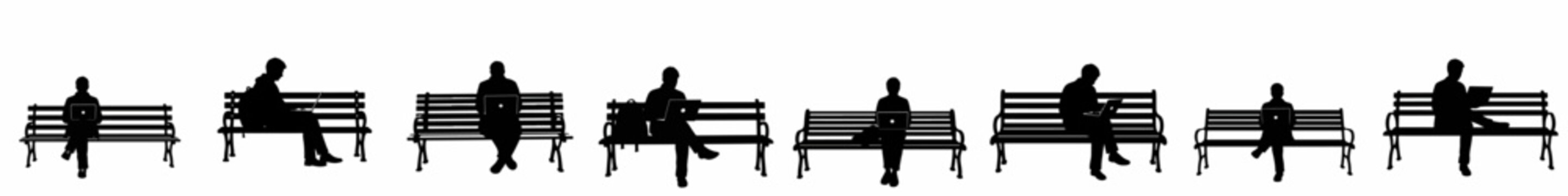 Silhouettes of people working on laptops while sitting on various park benches, illustrating remote work and public space use.