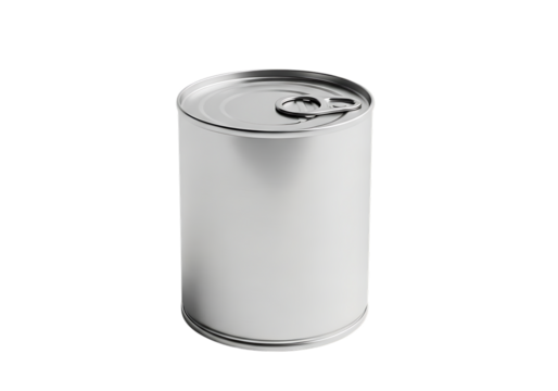 A blank white metal food can with a pull tab lid isolated on transparent background