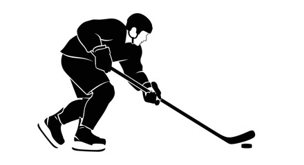 Fototapeta premium Ice hockey player silhouette with stick and puck in dynamic action pose, representing winter sports, competition, and athletic prowess on ice.