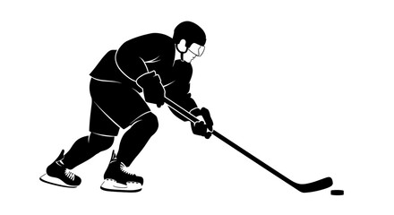 Fototapeta premium Ice hockey player silhouette illustration with a stick and puck, showcasing a dynamic winter sport activity on a clean white background.