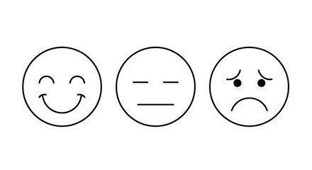 Outline happy neutral and sad emoji faces expressing different emotions on a clean white background vector illustration for mood feedback rating.