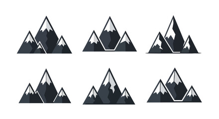 A set of six stylized mountain icons with snowy peaks, rendered in a modern flat design vector style on a clean background, ideal for logos or web graphics.