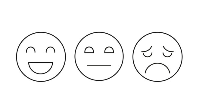 Linear design emoticons showcasing happy, neutral, and sad emotions for user interface feedback, customer experience surveys, mood tracking displays.