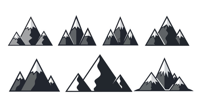 Flat design mountain icons set showcasing various geometric peak shapes with crisp snow caps, isolated vector illustrations for web, app, logo, and travel related designs.