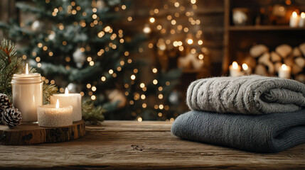 Cozy Christmas Ambiance: A warm and inviting holiday scene, showcasing a stack of soft blankets, lit candles, and a decorated Christmas tree in the background, creating a comforting atmosphere.