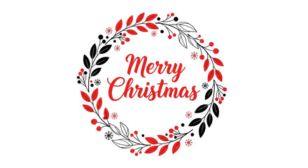 Merry christmas wreath illustration with elegant red and black foliage, vibrant berries, and delicate snowflakes, ideal for festive designs, greeting cards, and seasonal use.