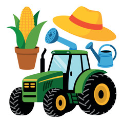A green tractor, a potted corn stalk, a straw hat, and watering cans represent farming.