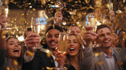 Golden Celebration: A group of friends raise their glasses in a joyous toast, showering in a cascade of confetti during a moment of festive celebration. A candid shot of pure bliss.